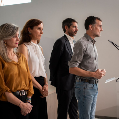 Verónica Martínez Barbero, Mónica García, Antonio Maíllo y Ernest Urtasun tras la reunión del Frente Amplio del 5 de octubre de 2026