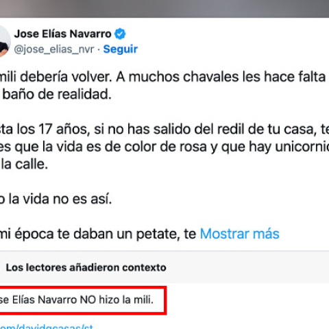 El tuit de José Elías y la nota de la comunidad.