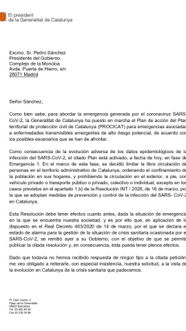 Carta del president de la Generalitat, Quim Torra, al president espanyol, Pedro Sánchez.