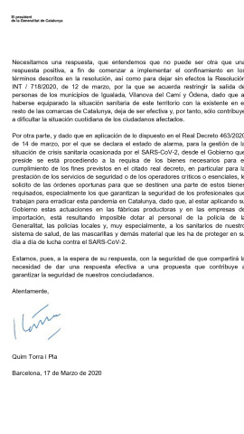 Carta del president de la Generalitat, Quim Torra, al president espanyol, Pedro Sánchez (II)
