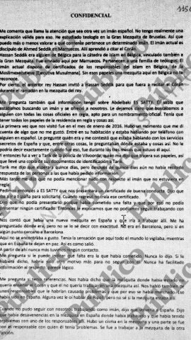 Folio del sumario en el que aparece la declaración del presidente de la mezquita de Diegem. Folio del sumario en el que aparece la declaración del presidente de la mezquita de Diegem.