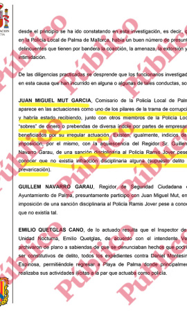 Página 17 del auto de procedimiento abreviado en el que el juez Morell envía al banquillo al comisario Joan Mut y a otros 35 miembros de la Policía Local de Palma. Página 17 del auto de procedimiento abreviado en el que el juez Morell envía al banquillo al comisario Joan Mut y a otros 35 miembros de la Policía Local de Palma.