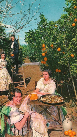 Postal de 1964 con el 'caloret faller', el huerto de naranjos, la paella y la sangría. Postal de 1964 con el 'caloret faller', el huerto de naranjos, la paella y la sangría.