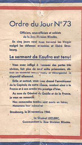 19/12/22 Orden del día del general Leclerc después de liberar Estrasburgo.