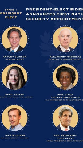Fotografía divulgada por la Oficina de Transición Presidencial Biden-Harris donde aparecen las seis primeras figuras de su futuro gabinete. Fotografía divulgada por la Oficina de Transición Presidencial Biden-Harris donde aparecen las seis primeras figuras de su futuro gabinete.