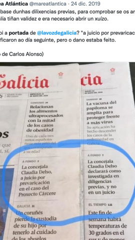 9/1/23 Dos portadas de La Voz de Galicia con titulares diferentes en la edición local de A Coruña y en la edición general sobre la misma información referida a una concejala de Marea Atlátnica, que entonces gobernaba el Ayuntamiento de A Coruña.