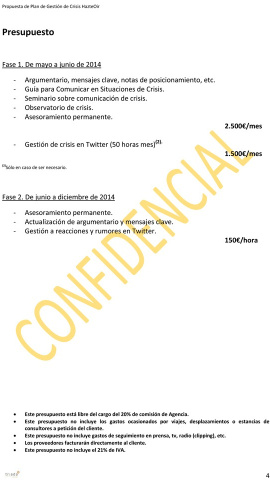 Presupuesto de Triada Comunicación y Relaciones Públicas, SL, para la gestión de la crisis de El Yunque. – WL