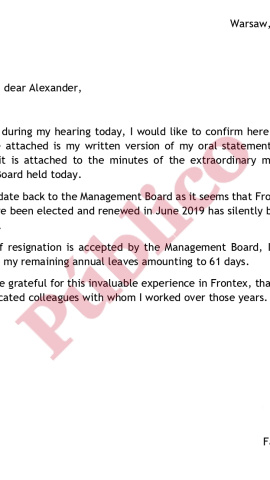 Carta del director de Frontex, Fabrice Leggeri, al Consejo de Administración de la agencia sobre su renuncia. Carta del director de Frontex, Fabrice Leggeri, al Consejo de Administración de la agencia sobre su renuncia.