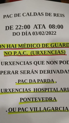 8/8/22 Cartel en el Punto de Atención Continuada de Caldas de Reis (Pontevedra), en febrero pasado.