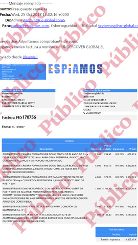 E-mail de UC Global pidiendo la factura, que aparece debajo, de los equipos de espionaje. E-mail de UC Global pidiendo la factura, que aparece debajo, de los equipos de espionaje.
