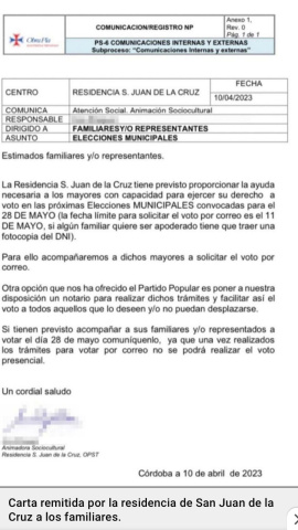 Carta remitida por la residencia de San Juan de la Cruz a los familiares. Carta remitida por la residencia de San Juan de la Cruz a los familiares.
