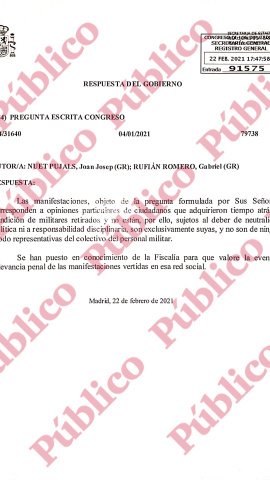 Respuesta gubernamental a las preguntas de ERC sobre militares "filofascistas". Respuesta gubernamental a las preguntas de ERC sobre militares "filofascistas".