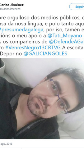 7/11/22 El tuit Jiménez en apoyo a la periodista Tati Moyano tras el que la CRTVG empezó a acusarle de de competencia desleal. 7/11/22 El tuit Jiménez en apoyo a la periodista Tati Moyano tras el que la CRTVG empezó a acusarle de de competencia desleal.
