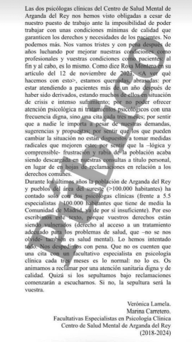 Comunicado de despedida de las dos psicólogas (Ampliar imagen para ver más) Comunicado de despedida de las dos psicólogas (Ampliar imagen para ver más)