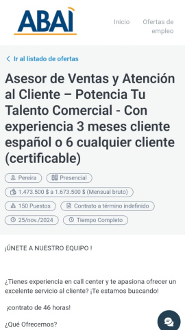 Oferta de empleo de Abai, subcontrata del servicio de atención al cliente de Telefónica, en Colombia