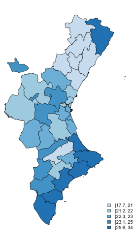 Distribución por comarcas de la tasa AROPE que mide el riesgo de pobreza y de exclusión social