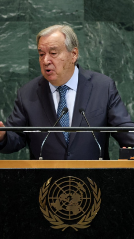 El secretario general de la ONU, el portugués Antonio Guterres, interviene en la Asamblea General de la organización.