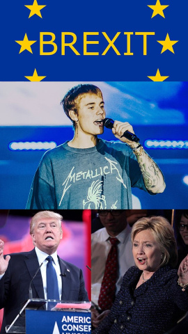 Fotomontaje de Justin Bieber, Donald Trump, Hillary Clinton y una ilustración del Brexit