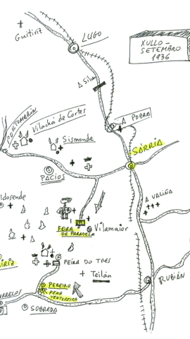 Mapa de la zona donde se producen los hechos relatados en el manuscrito, dibujado por el investigador Andrés Páramo. Las cruces indican los lugares donde se produjeron asesinatos y las llamas, los incendios provocados de casas y montes.