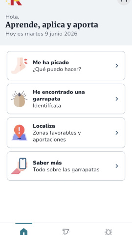 Menú de la aplicación Garrapata Alert del Ministerio de Sanidad. Menú de la aplicación Garrapata Alert del Ministerio de Sanidad.