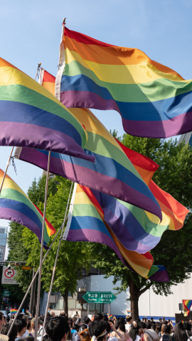 Pride flags are seen during the Seoul Queer Parade in Seoul downtown. The 27th Seoul Queer Parade (SQP) was held in Seoul, South Korea..It is a public cultural event held downtown every year to promote LGBTQIA+ visibility, human rights, cultural enjoyment, and pride.