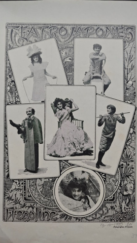 Cartel del Salón Japonés que anuncia una actuación de Leopoldo Fregoli y muestra fotografías de algunos de sus personajes.