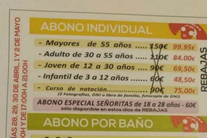 Polémica por la publicidad sexista de una piscina de Linares que oferta un 'abono especial señoritas de 18 a 28 años'