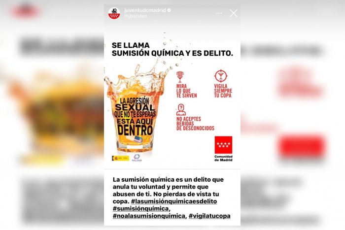 Una campaña de la Comunidad de Madrid agita el terror sexual sobre la sumisión química poniendo el foco en las víctimas