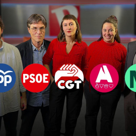 Ilustración de Pablo Posse (PP), Esteban Álvarez (PSOE), Ana Uhía (CGT), Clara Fernández (Abrir Brecha) y Antonio Sánchez (Más Madrid)