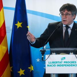 El president de Junts, Carles Puigdemont, en una roda de premsa a Brusel·les després de la reunió de la permanent, 17 de gener de 2025.
