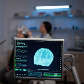 Imagen de archivo de un médico aplicando un tratamiento de neurociencia a una paciente.