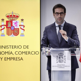 El ministro de Economía Carlos Cuerpo durante la rueda de prensa tras el Consejo Interterritorial de Internacionalización celebrado este jueves en Madrid.