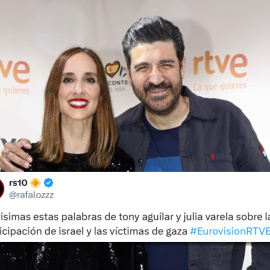 Los presentadores de Eurovisión en RTVE, Tony Aguilar y Julia Varela.