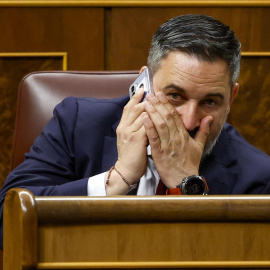 El líder de Vox, Santiago Abascal, durante la sesión de control al Ejecutivo que este miércoles celebra el Congreso.