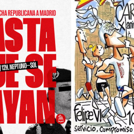 A la derecha, cartel de la II Marcha Republicana que se celebra en Madrid este 15 de junio; a la izquierda, el cartel de la carrera popular en homenaje al rey Felipe que tendrá lugar ese mismo día,