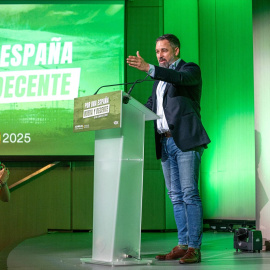 El líder de Vox, Santiago Abascal, interviene durante la presentación del programa económico y de vivienda de Vox, en el Auditorio Mutua Madrileña, a 29 de junio de 2025, en Madrid.