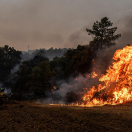 Una brigada de bomberos de la BRICA de Granada colabora en la extinción de un fuego en el pueblo de Larouco, en la provincia de Lugo.