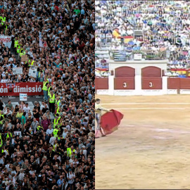 A la izquierda la manifestación en València y, a la derecha, la retrasmisión de À Punt.