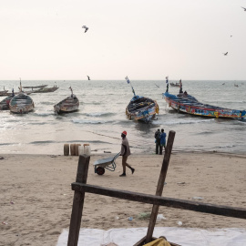 Pequeños barcos pesqueros descargan su captura en la playa de Tanjeh, Gambia (Marzo de 2025)