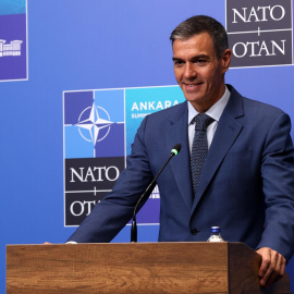 El presidente del Gobierno, Pedro Sánchez, en una rueda de prensa desde la cumbre de la OTAN en Ankara, a 8 de julio de 2026.