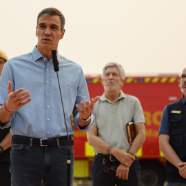 El presidente del Gobierno, Pedro Sánchez, comparece desde el Puesto de Mando Avanzado (PMA) ubicado en la localidad madrileña de Cenicientos, a 25 de julio de 2026.