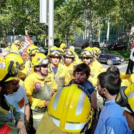 La diputada autonómica Elena Sevillano, en la concentración bomberos ante la Asamblea de Madrid 