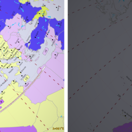
 La línea que separa la noche del día en dos momentos distintos. A la izquierda el solsticio de invierno a las 08UTC aproximadamente. Está amaneciendo en Lisboa, Amsterdam y Estocolmo. A la derecha el solsticio de verano a las 05:15UTC. Está amaneci