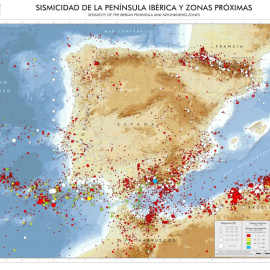 Mapa general de sismicidad de la Peninsula Iberica. La información sísmica proviene de la base de datos del Instituto Geográfico Nacional actualizada al año 2015. Instituto Geografico Nacional