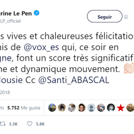 Marine Le Pen felicitó a Vox por sus resultados en las elecciones andaluzas.