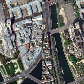 Imágenes de satélite de la Catedral de Notre Dame, a la izquierda en septiembre de 2018, y  a la derecha, de abril de 2107, después del incendio que le ha ocasionado daños considerables. REUTERS