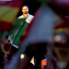 El presidente de Vox, Santiago Abascal,  en  el acto de la campaña electoral del 28-A celebrado en el Museo de las Ciencias de Valencia. EFE/Manuel Bruque