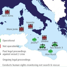 Mapa de ONG buques involucrados en las operaciones SAR en el mar Mediterráneo entre 2016 y el 1 de junio de 2019. The European Union Agency for Fundamental Rights (FRA), Author provided