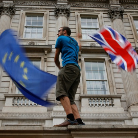 Manifestante anti-brexit, en la marcha de este fin de semana contra Boris Johnson en Whitehall, la zona de los edificios del Gobierno británico, en Londres. REUTERS/Henry Nicholls