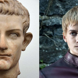 Caligula (en mármol, Ny Carlsberg Glyptotek, Copenhague) y Joffrey Baratheon interpretado por Jack Gleeson (Juego de Tronos, HBO). Author provided